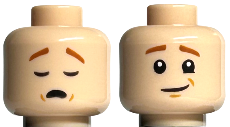 Minifigure, Head Dual Sided Dark Orange Eyebrows, Medium Nougat Dimples, Sleeping / Lopsided Grin Pattern