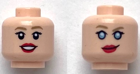 Minifigure, Head Dual Sided Female Dark Tan Eyebrows, Red Lips, Open Mouth Smile / Smirk with Metallic Light Blue Eyes Pattern