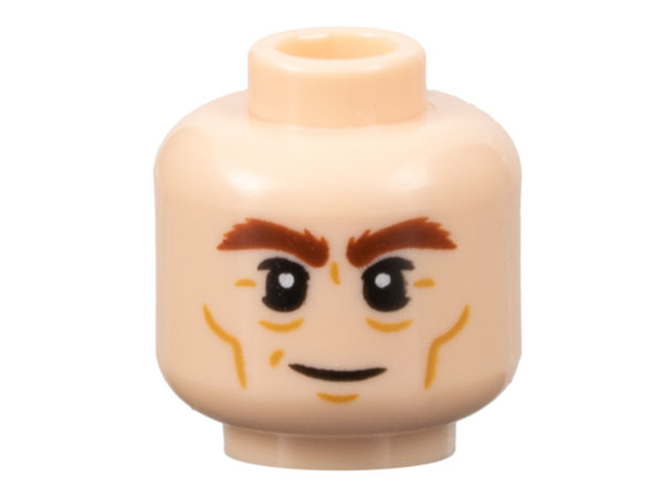 Minifigure, Head Reddish Brown Bushy Eyebrows, Medium Nougat Cheek Lines, Wrinkles, and Chin Dimple, Grin Pattern