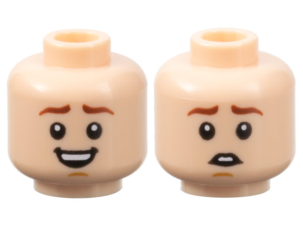 Minifigure, Head Dual Sided Reddish Brown Eyebrows, Medium Nougat Chin Dimple, Open Mouth Smile with Teeth / Scared Pattern