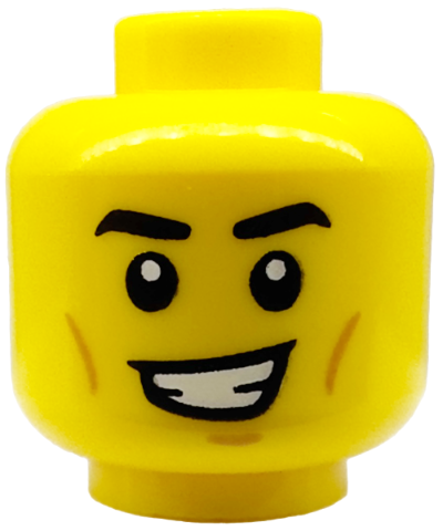 Minifigure, Head Black Eyebrows, Medium Nougat Chin Dimple and Cheek Lines, Lopsided Open Mouth Smile with Teeth Pattern