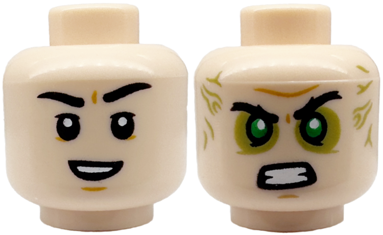 Minifigure, Head Dual Sided Black Eyebrows, Chin Dimple, Open Mouth Smile / Angry with Green Eyes, Olive Green Eye Shadow and Veins Pattern