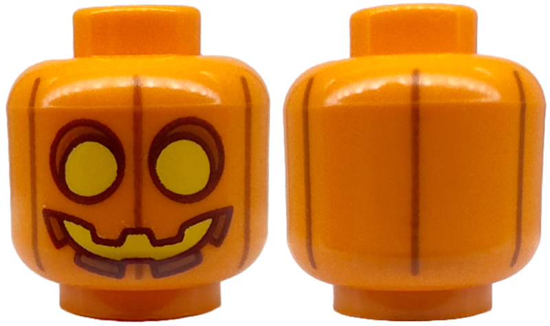 Minifigure, Head Pumpkin Jack O' Lantern with Yellow Eyes and Mouth and Dark Orange Vertical Lines Pattern
