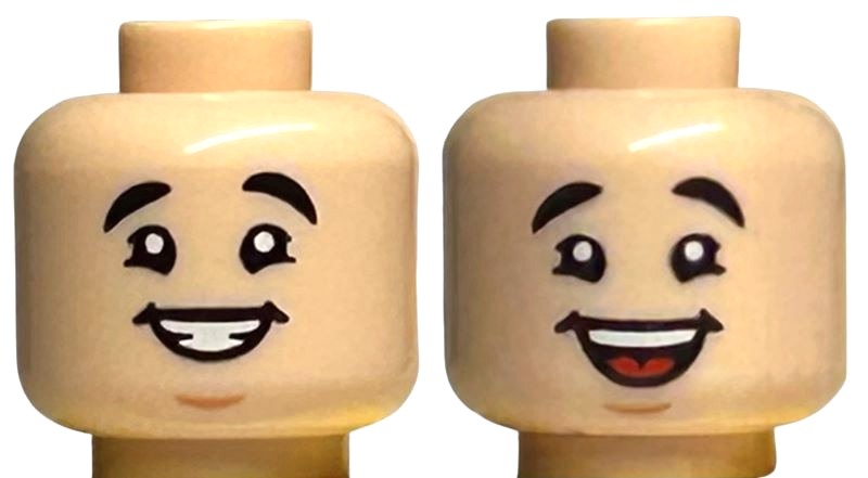 Minifigure, Head Dual Sided Black Eyebrows, Medium Nougat Chin Dimple, Open Mouth Smile with Teeth / Wide Open Mouth Smile with Tongue Pattern