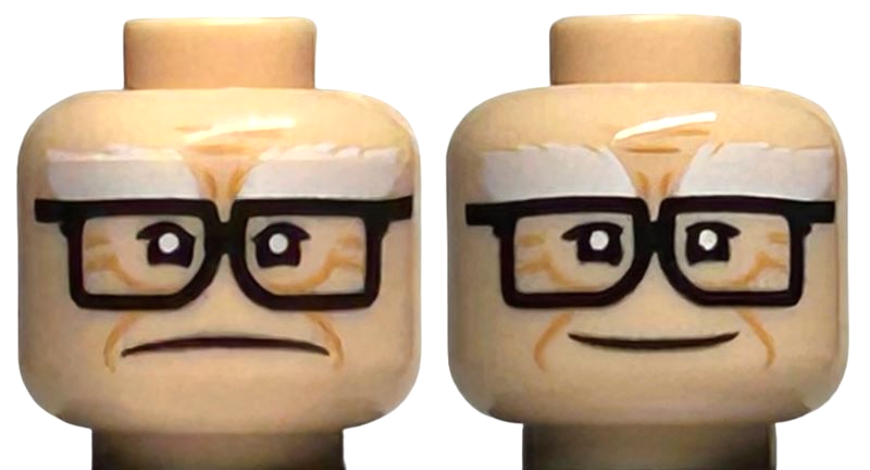Minifigure, Head Dual Sided White Bushy Eyebrows, Medium Nougat Wrinkles and Cheek Lines, Black Glasses, Frown / Smile Pattern