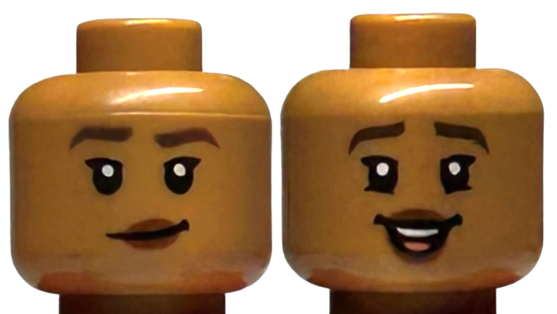 Minifigure, Head Dual Sided Female Dark Brown Eyebrows, Reddish Brown Lips, Lopsided Grin / Open Mouth Smile with Teeth and Tongue Pattern