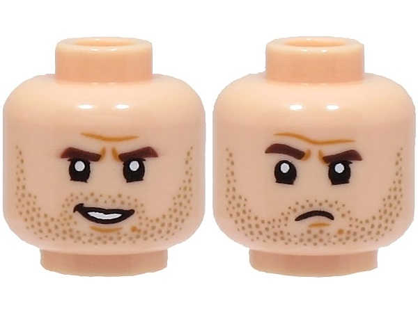 Minifigure, Head Dual Sided Dark Brown Eyebrows, Dark Tan Stubble Beard, Medium Nougat Chin Dimple, Lopsided Open Mouth Smile / Frown Pattern