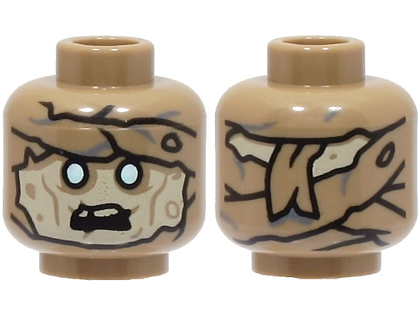 Minifigure, Head Alien Mummy with Tan Face, White and Metallic Light Blue Eyes, Black Open Mouth, Wrappings on Forehead and Back Pattern