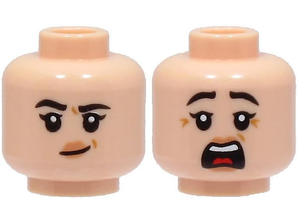 Minifigure, Head Dual Sided Female Black Eyebrows, Nougat Lips, Medium Nougat Dimples, Lopsided Grin / Scared with Open Mouth Pattern