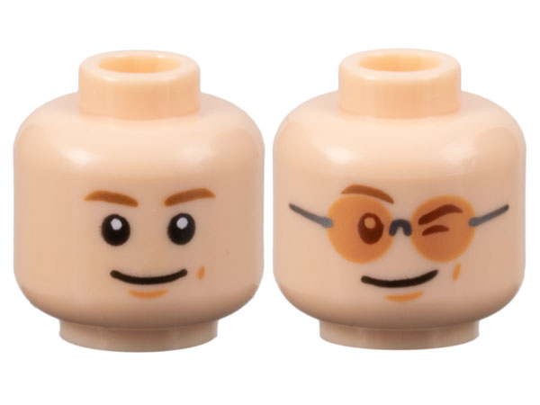 Minifigure, Head Dual Sided Medium Brown Eyebrows, Nougat Dimples, Smile / Winking with Glasses Pattern