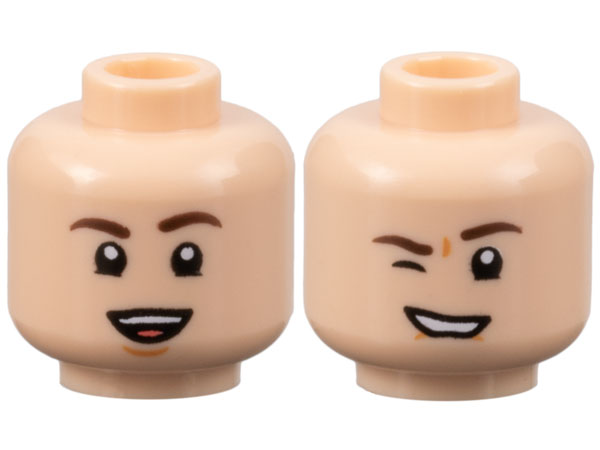 Minifigure, Head Dual Sided Dark Brown Eyebrows, Nougat Dimples, Open Mouth Smile with Teeth and Tongue / Wink Right Pattern
