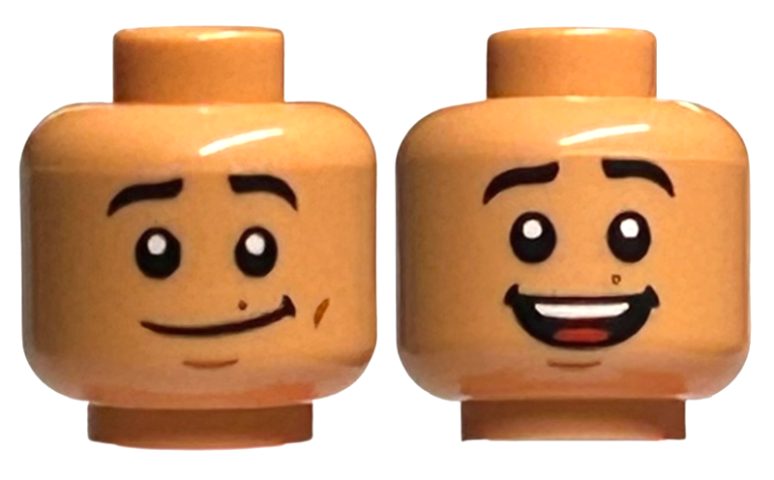 Minifigure, Head Dual Sided Black Eyebrows, Reddish Brown Dimples and Beauty Mark, Wide Lopsided Grin / Open Mouth Smile Pattern