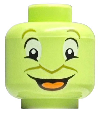 Minifigure, Head Alien Olive Green Eyebrows and Nose Outline, Large White Eyes, Open Mouth Smile with Orange Tongue Pattern