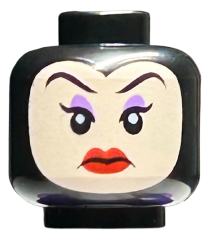 Minifigure, Head Female Light Nougat Face with Eyebrows, Medium Lavender Eye Shadow, Red Lips, Frown Pattern