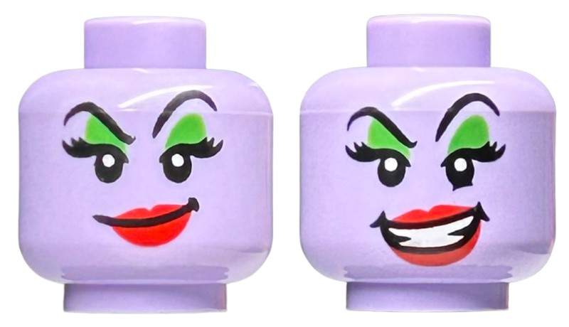 Minifigure, Head Dual Sided Female Black Raised Eyebrows, Bright Green Eye Shadow, Red Lips, Lopsided Grin / Open Mouth Smirk Pattern