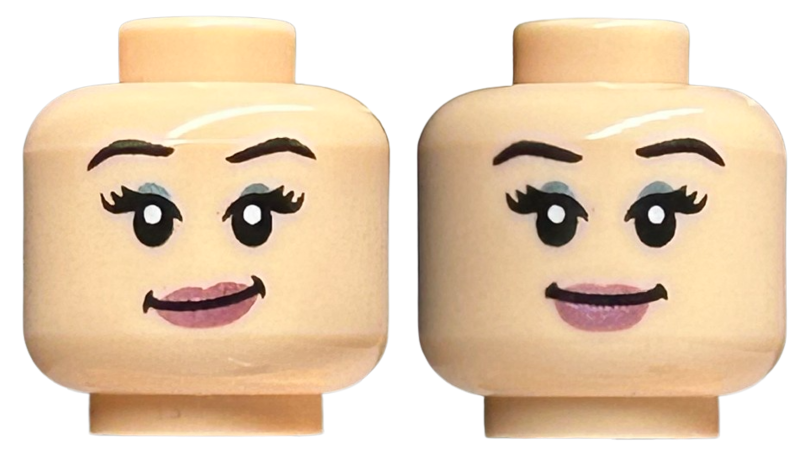 Minifigure, Head Dual Sided Female Black Eyebrows, Metallic Light Blue Eye Shadow, Metallic Pink Lips, Smirk / Smile Pattern