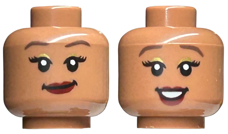Minifigure, Head Dual Sided Female Dark Brown Eyebrows, Gold Eye Shadow, Dark Red Lips, Smirk / Open Mouth Smile with Teeth Pattern