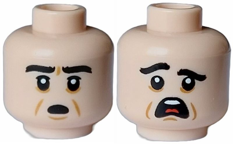 Minifigure, Head Dual Sided Black Eyebrows, Medium Nougat Cheek Lines, Open Mouth Scared / Terrified with White Teeth and Red Tongue Pattern
