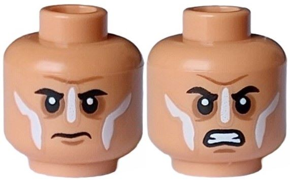 Minifigure, Head Dual Sided Black Eyebrows, Medium Nougat Chin Dimple and Cheek Lines, White Paint Stripes, Closed Mouth Angry / Open Mouth Furious Pattern