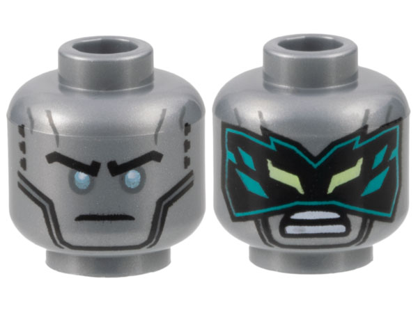 Minifigure, Head Dual Sided Black Eyebrows, Metallic Light Blue Eyes / Black Mask with Dark Turquoise Crystals Pattern
