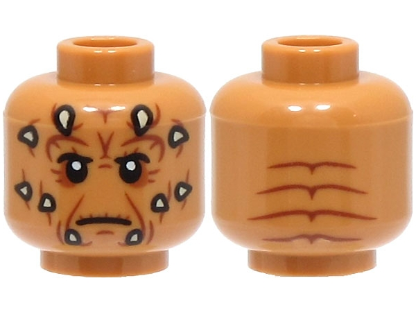 Minifigure, Head Alien with SW Nikto Tan Spikes, Dark Orange Eye Shadow, Reddish Brown Cheek Lines and Wrinkles, Frown, Lines on Back Pattern