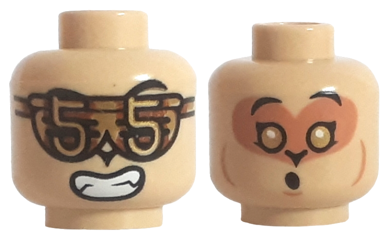 Minifigure, Head Dual Sided Alien Black Eyebrows, Glasses with Number 5, Open Mouth with Teeth / Gold Eyes, Nougat Face, Singing Pattern