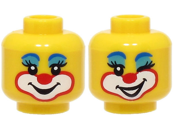 Minifigure, Head Dual Sided Female Clown Blue Eyebrows, Medium Azure Eye Shadow, Red Nose, Smile / Open Mouth and Wink Pattern (BAM)