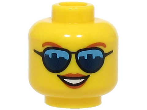 Minifigure, Head Female Dark Orange Eyebrows and Lips, Sunglasses with Dark Blue Skyline Reflections, Open Mouth Smile with Teeth Pattern (BAM)