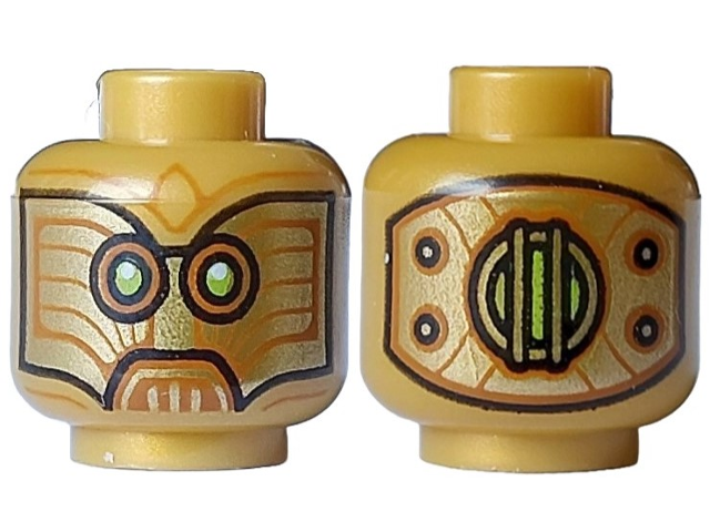 Minifigure, Head Alien Dark Orange Monocles, Lime Eyes, White Glints, Black Outline and Gold Panel with Rivets on Back Pattern