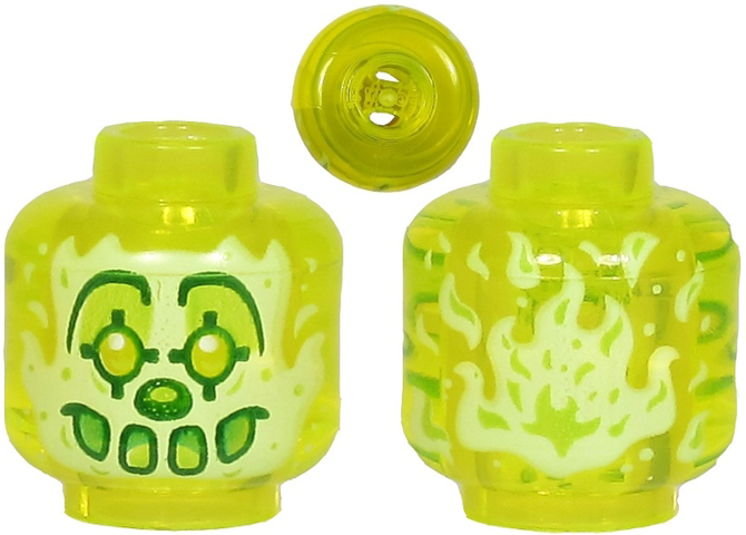 Minifigure, Head Alien Ghost Clown with Yellowish Green Face, Large Drawn Eyebrows, Pointed Eyes, Nose and Flames in Back Pattern