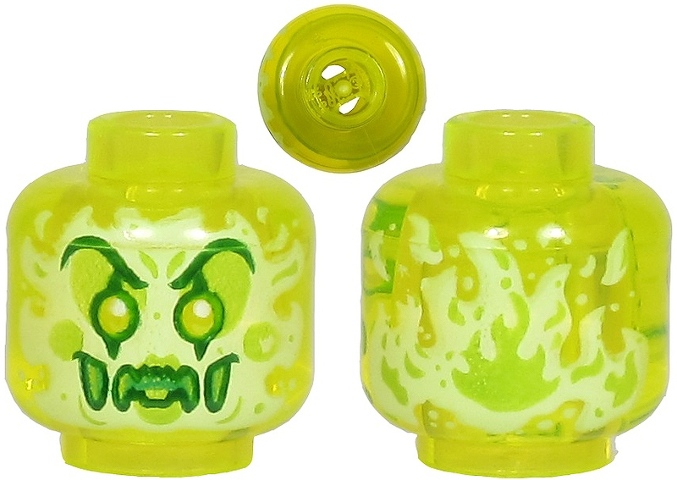 Minifigure, Head Alien Ghost Clown with Yellowish Green Face, Large Raised Eyebrows, Pointed Eyes and Flames in Back Pattern