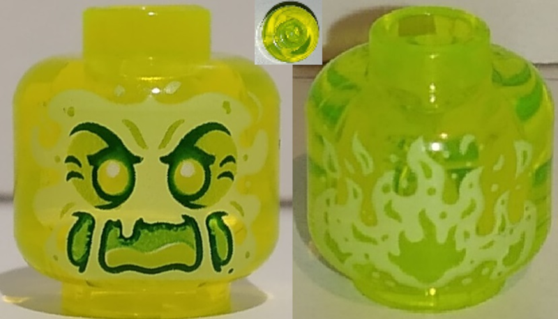 Minifigure, Head Alien Ghost with Yellowish Green Face, Cheeks, Large Raised Eyebrows, Pointed Eyes and Flames in Back Pattern