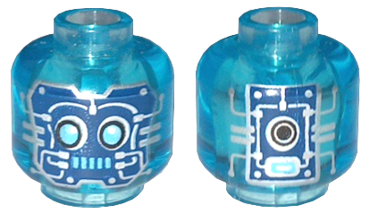 Minifigure, Head Alien Robot with Medium Azure Eyes and Mouth, Dark Blue Panels with Silver Circuitry and Circles Pattern