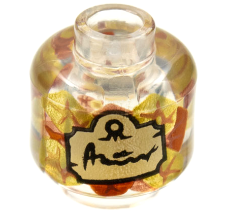 Minifigure, Head without Face with Copper, Gold, and Dark Orange Leaves, Tan Label with Script Writing Pattern