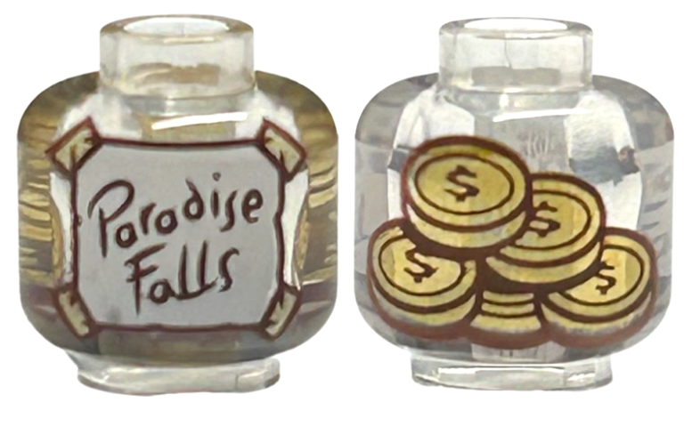 Minifigure, Head without Face with White Label with Reddish Brown 'Paradise Falls' and Tan Tape, Gold Coins on Back Pattern