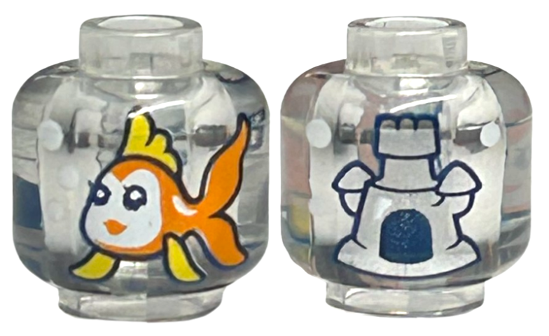 Minifigure, Head without Face with Orange Fish with Yellow Fins and White Face, Castle with Dark Blue Opening on Back Pattern