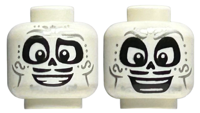 Minifigure, Head Dual Sided Alien Mask Silver Eyebrows, Dots and Lines, Black Nose and Moustache, Open Mouth Smile / Large Smile and Eyes Pattern