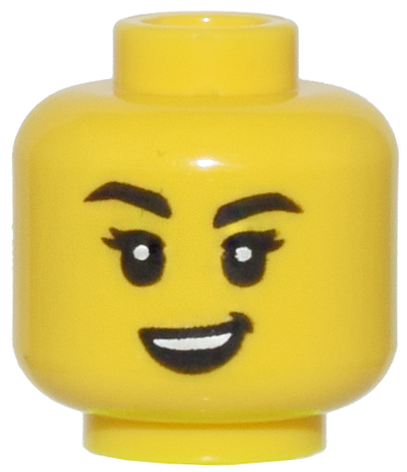 Minifigure, Head Female, Black Eyebrows One Raised, White Pupils, and Open Mouth Crooked Smile Pattern