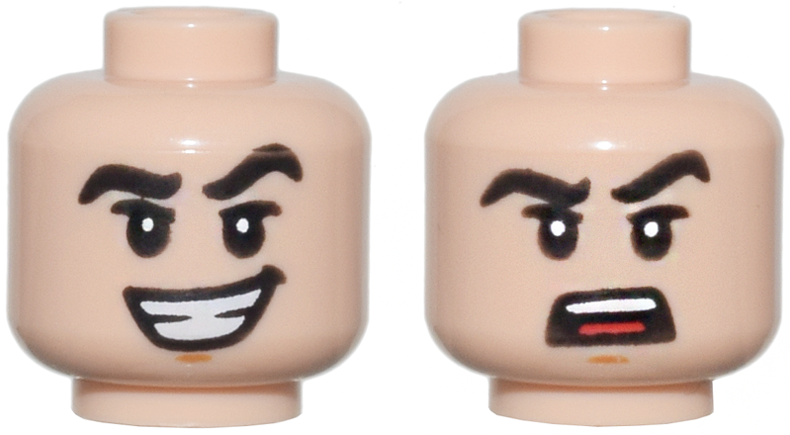 Minifigure, Head Dual Sided Thick Black Eyebrows One Raised, Chin Dimple, Open Mouth Crooked Smile / Open Mouth Scowl Pattern
