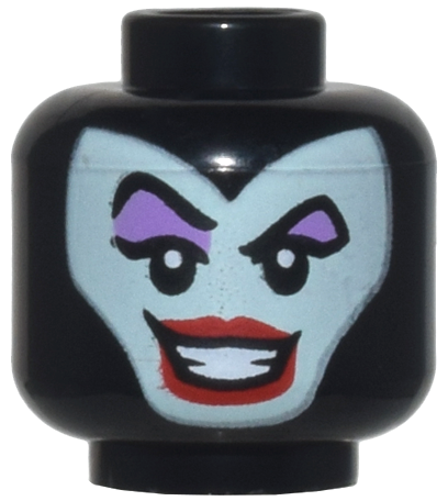 Minifigure, Head Female Balaclava with Light Aqua Face, Medium Lavender Eye Shadow, Pointed Eyebrows One Raised, Red Lips, Open Mouth Smile Pattern (Maleficent)
