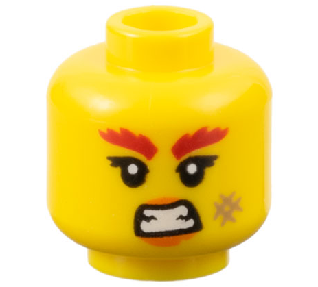 Minifigure, Head Female Red Bushy Eyebrows, Orange Lips, Dark Tan Scuff Mark, and Bared Teeth Pattern