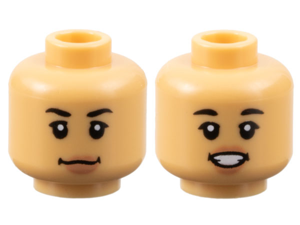 Minifigure, Head Dual Sided Female Black Eyebrows, Nougat Lips, Neutral / Open Mouth Smile with Teeth Pattern