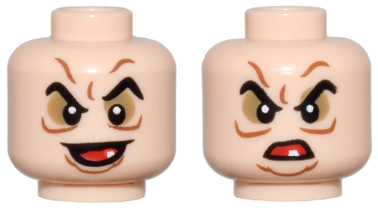 Minifigure, Head Dual Sided Pointed Black Eyebrows, Dark Tan Eye Shadow, Dark Orange Wrinkles, Open Mouth with White Tooth Smile / Scowl Pattern