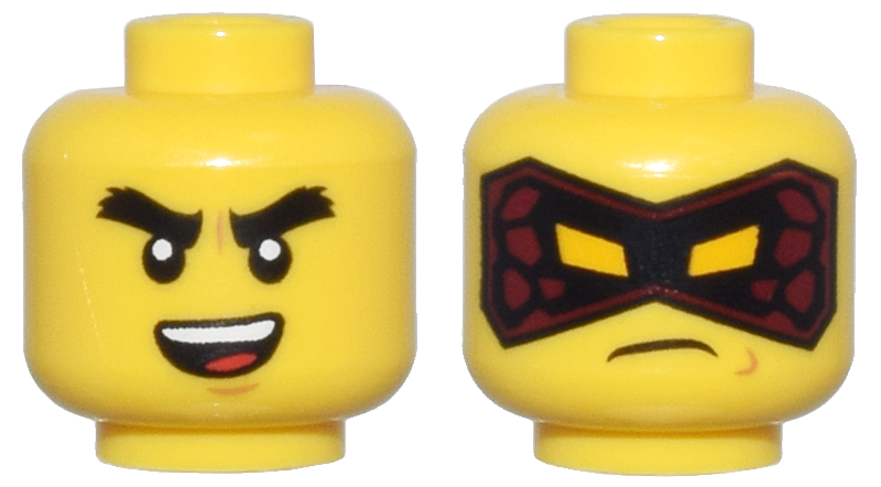 Minifigure, Head Dual Sided Thick Black Eyebrows, Open Mouth Smile with Top Teeth and Tongue / Black and Dark Red Mask, Frown Pattern
