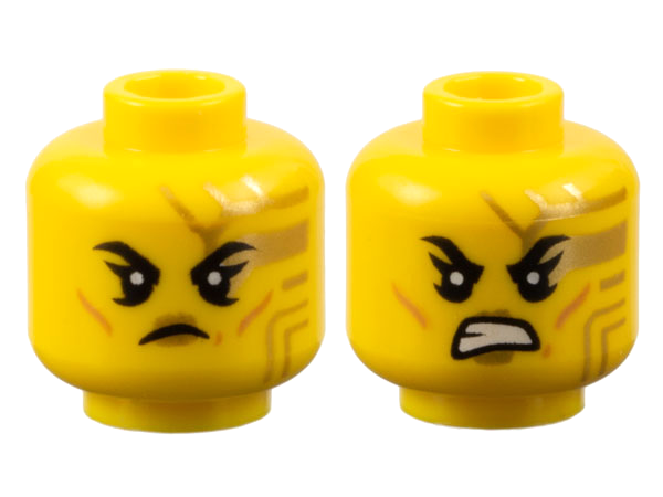 Minifigure, Head Dual Sided Female Black Eyebrows, Gold Circuitry and Lips, Medium Nougat Cheek Lines, Frown / Bared Teeth Pattern