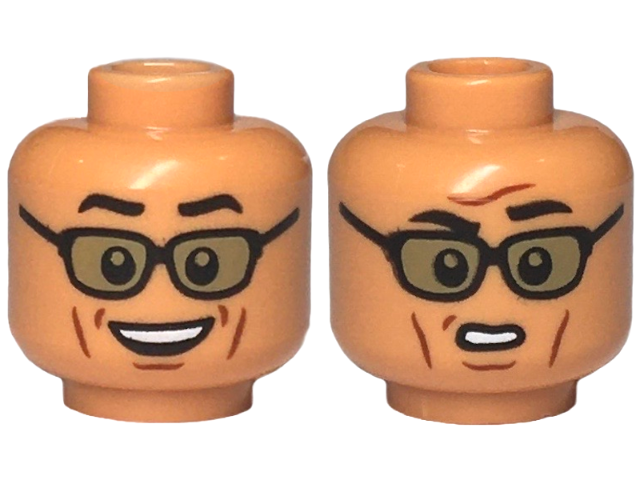 Minifigure, Head Dual Sided Black Eyebrows, Reddish Brown Cheek Lines, Sunglasses with Dark Tan Lenses, Open Mouth Smile / Confused Pattern