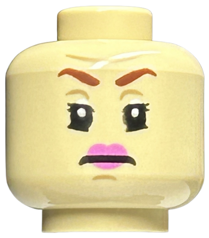 Minifigure, Head Female Reddish Brown Eyebrows, Dark Tan Chin Dimple and Forehead Crease, Dark Pink Lips, Frown Pattern