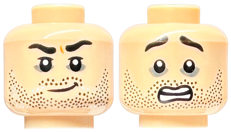 Minifigure, Head Dual Sided Black Eyebrows, Dark Bluish Gray Eye Shadow, Dark Brown Beard Stubble, Smirk / Open Mouth Scared with Teeth Parted Pattern
