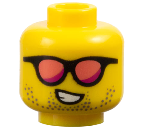 Minifigure, Head Black Sunglasses with Coral and Magenta Lenses, Dark Tan Beard Stubble, Lopsided Open Mouth Smile with Teeth Pattern