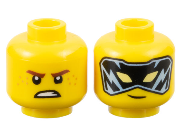 Minifigure, Head Dual Sided Reddish Brown Eyebrows, Medium Nougat Freckles, Scowl / Black and Bright Light Blue Mask with Bright Light Yellow Eyes Pattern